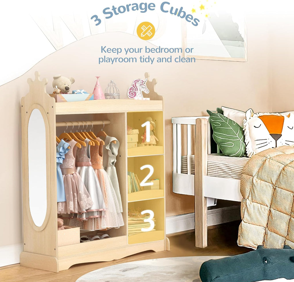 Curipeer Kids Dress up Storage with Mirror, Kids Wardrobe with Storage & 3 Hooks, Kids Closet for Girls Boys, Kids Costume Organizer, Open Hanging Armoire Wardrobe Closet for Bedroom, Natural