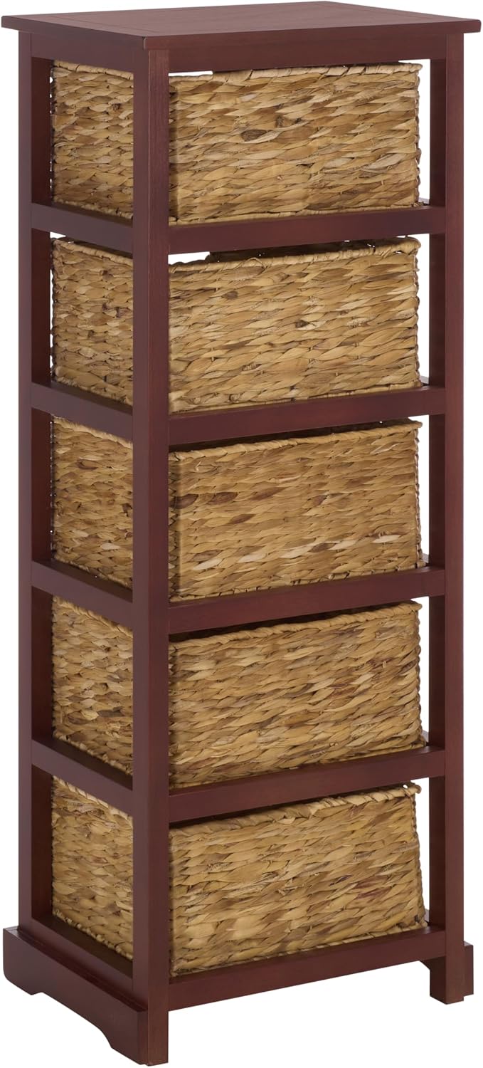 SAFAVIEH Furniture - Vedette 5-Basket Storage Tower - Cherry - Solid Wood - Coastal Basket Tower Design - Ideal for Entryway, Living Room, 17.5'W x 13.5'D x 46'H - Fully Assembled (AMH5739C)