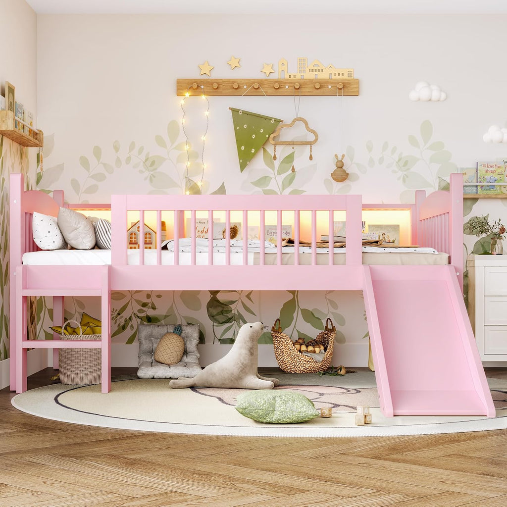 JIVOIT Twin XL Loft Bed with Storage Shelves, Solid Wood Lower Loft Bed with Full-Length Guardrails, Wood Slats Support, Space-Saving Design, No Box Spring Needed (Pink,Twin XL,51)