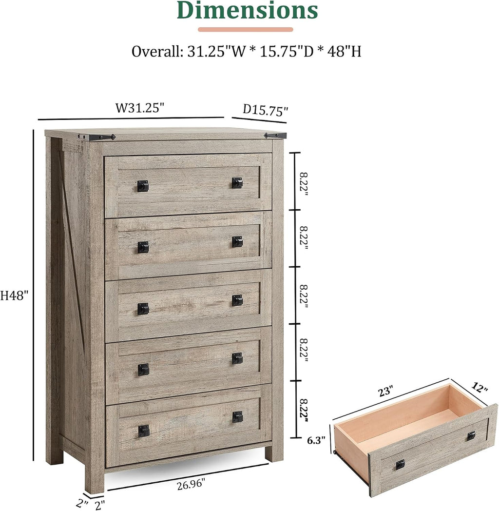 RedLemon Farmhouse 5 Drawer Dresser, 48' Tall Rustic Chest of Drawers, Wood Dresser for Bedroom, Living Room, Hallway, Light Rustic Oak