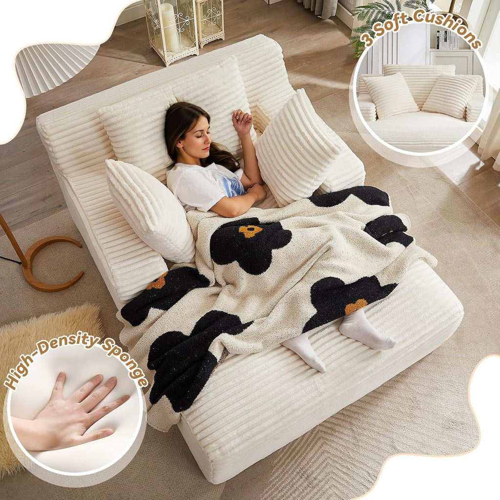Oversized Chaise Lounge Chair Indoor, 66' Cloud Boneless Sleeper Couch Corduroy Upholstered Sofa Bed Deep Seat Comfy Reading Chair with 3 Pillows for Living Room Bedroom, Beige