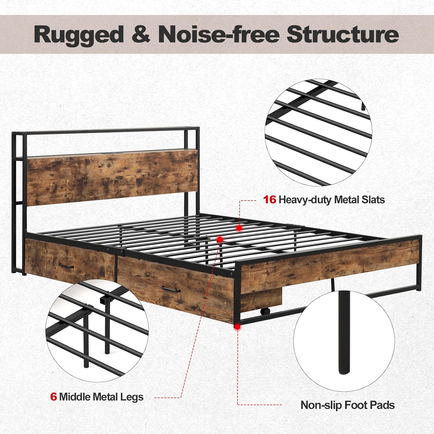 Giantex Queen Bed Frame with 2 Storage Drawers and Charging Station, Industrial Platform Bed Frame with 2-Tier Storage Headboard, Rustic Metal Slats Support Mattress Foundation, No Box Spring Needed