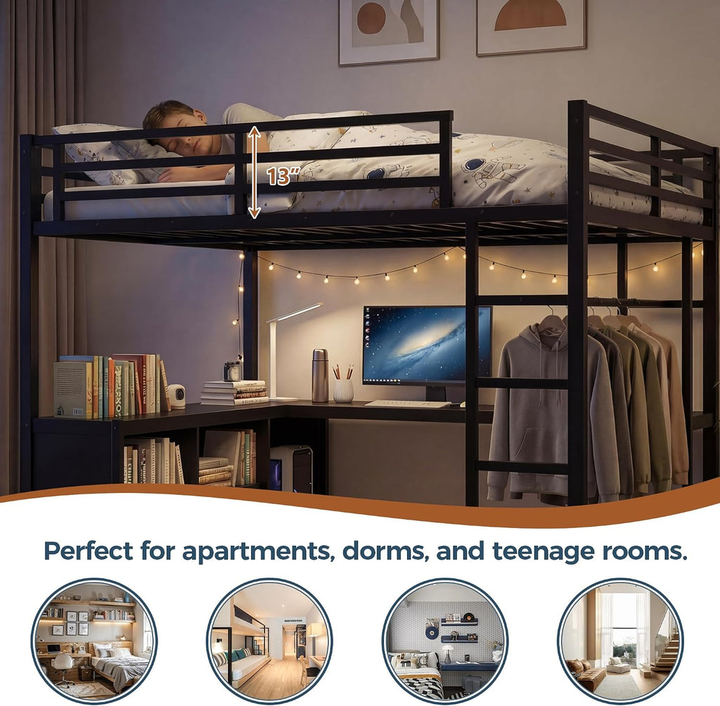 Full Size Loft Bed with Desk and Storage, Metal Loft Bed for Small Spaces,Full Loft Bed Frame for Bedroom,Black