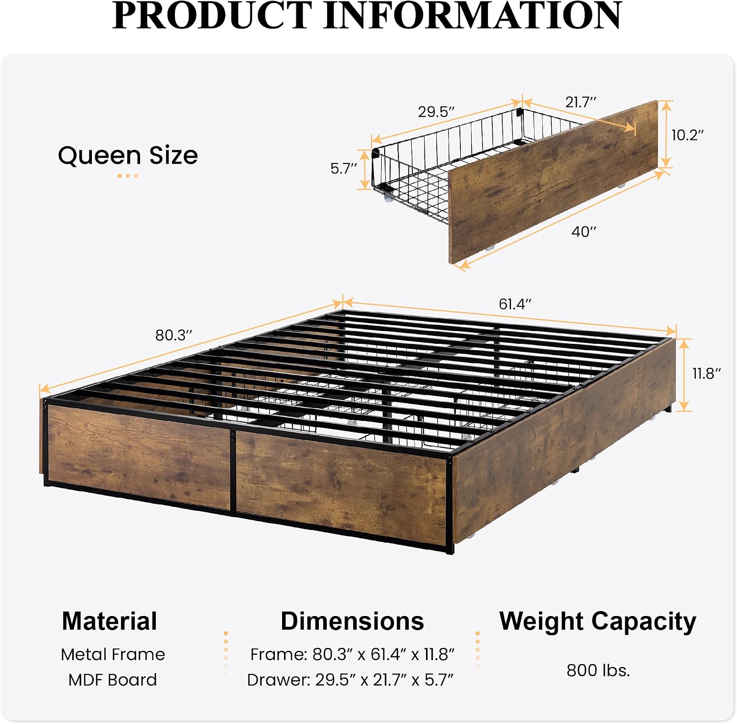SHA CERLIN Queen Platform Bed Frame with Storage Drawers, Sturdy Metal and Wood Construction, Modern Design, No Box Spring Needed, Easy Assembly