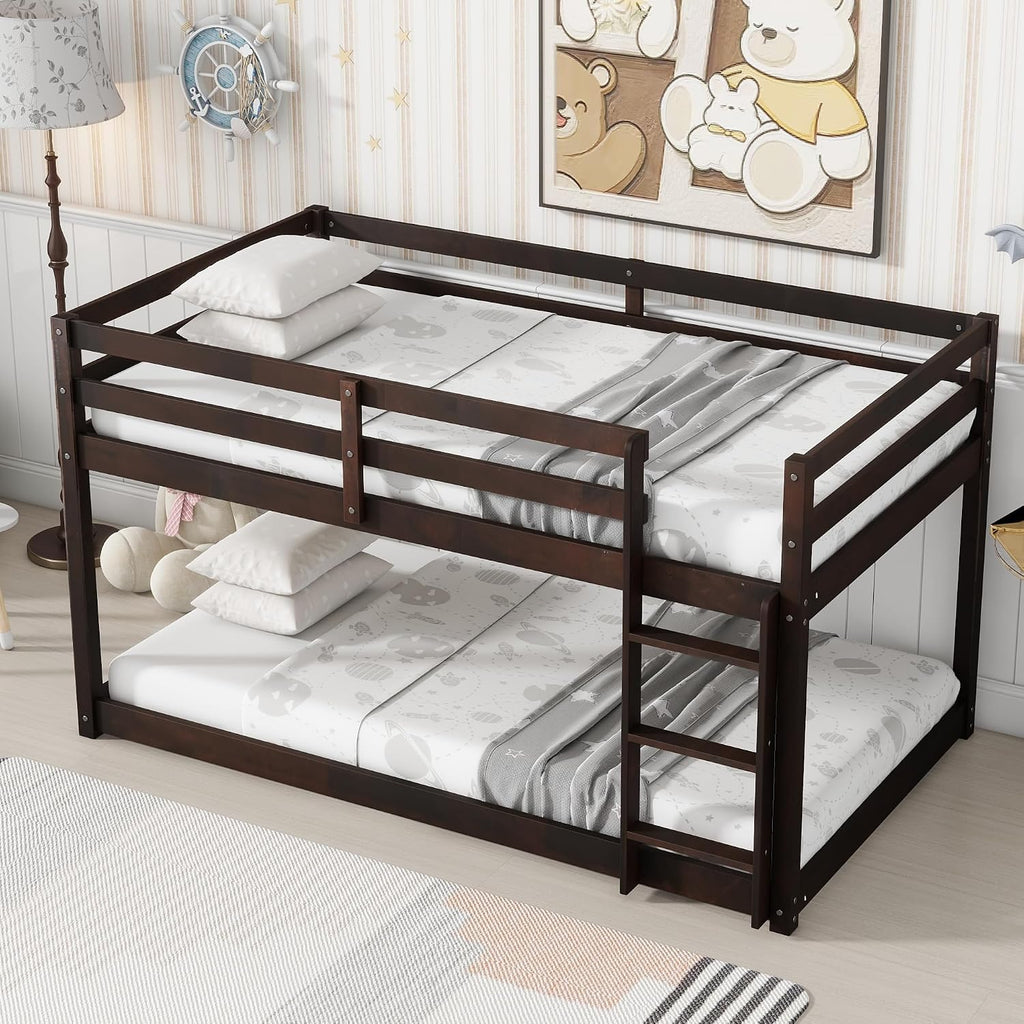 Ball & Cast Twin Over Twin Bunk Bed,Solid Rubber Wooden Low Floor Platform Bed with Ladder and Full Length Guardrail,Slat Support,Bedroom Furniture for Girls Boys,Espresso