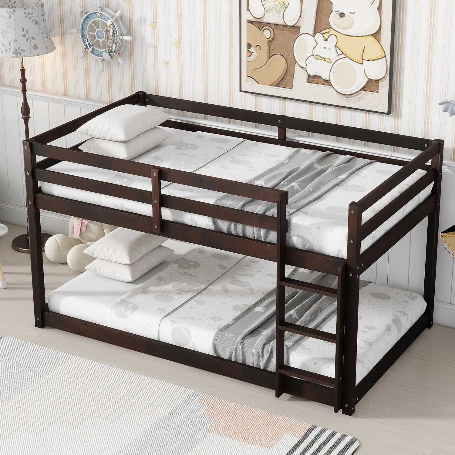 Ball & Cast Twin Over Twin Bunk Bed,Solid Rubber Wooden Low Floor Platform Bed with Ladder and Full Length Guardrail,Slat Support,Bedroom Furniture for Girls Boys,Espresso