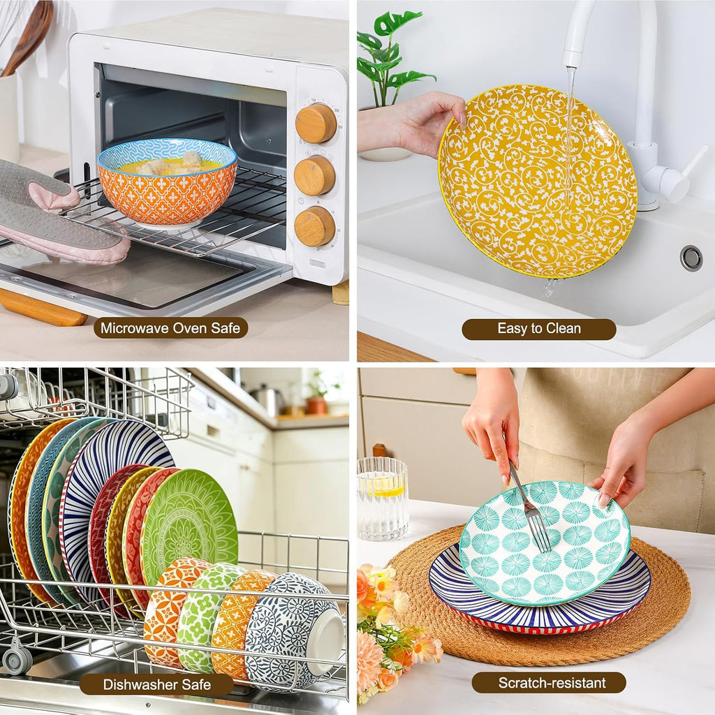 Selamica Ceramic Plates and Bowls Sets,24 Pieces Dinnerware Sets for 8,Scratch Resistant Dish Set for family gathering,Dishwasher & Microwave Safe, Assorted Colors