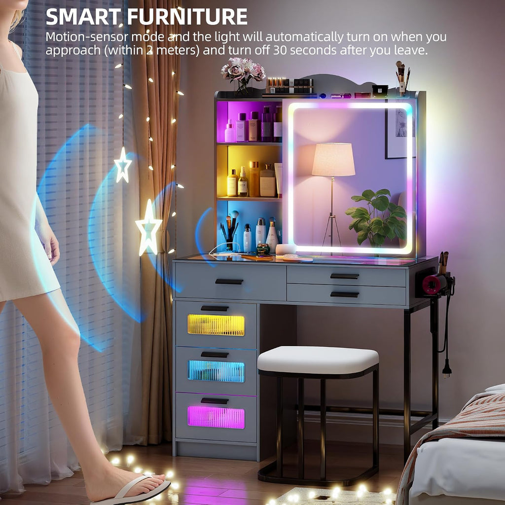 Glass Top Makeup Vanity Desk with RGB LED Light & Adjustable Mirror, Modern Makeup Dresser with Charging Station,Vanity Table Set with 6 Drawers & Hair Dryer Holder for Bedroom,Grey