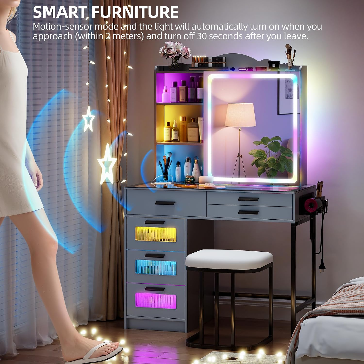 Glass Top Makeup Vanity Desk with RGB LED Light & Adjustable Mirror, Modern Makeup Dresser with Charging Station,Vanity Table Set with 6 Drawers & Hair Dryer Holder for Bedroom,Grey
