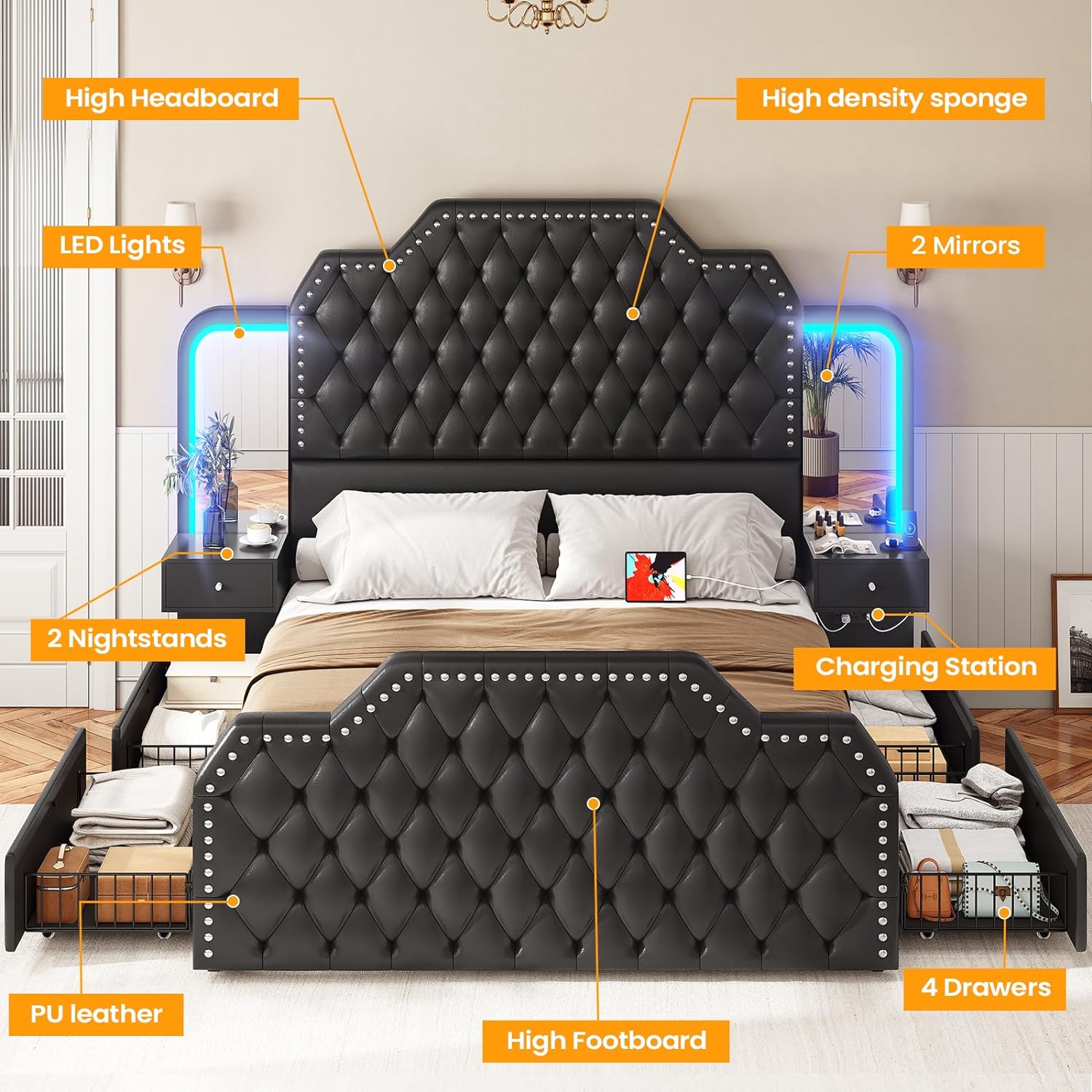 Itaar Queen Bed Frame with 53' Tall Headboard and 4 Storage Drawers, PU Leather Upholstered Platform Bed Frame, Built in Charging Station & Led, 2 Nightstands with Mirror, Black