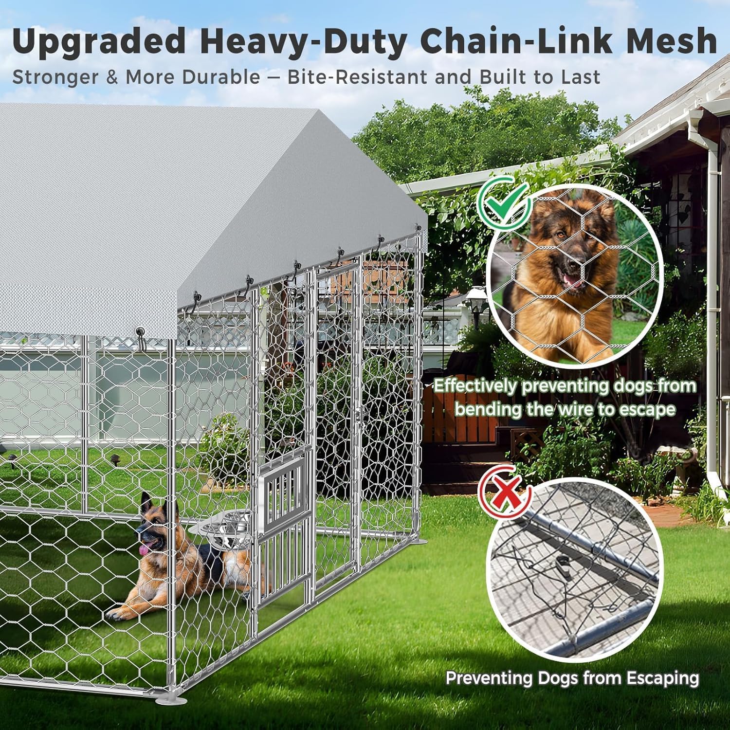 Lyromix 10 x 15FT Outdoor Dog Kennel with Roof & Feeding Bowls, Heavy Duty Galvanized Chain Link Structure, Outdoor Dog Pen with Secure Lock for Yard