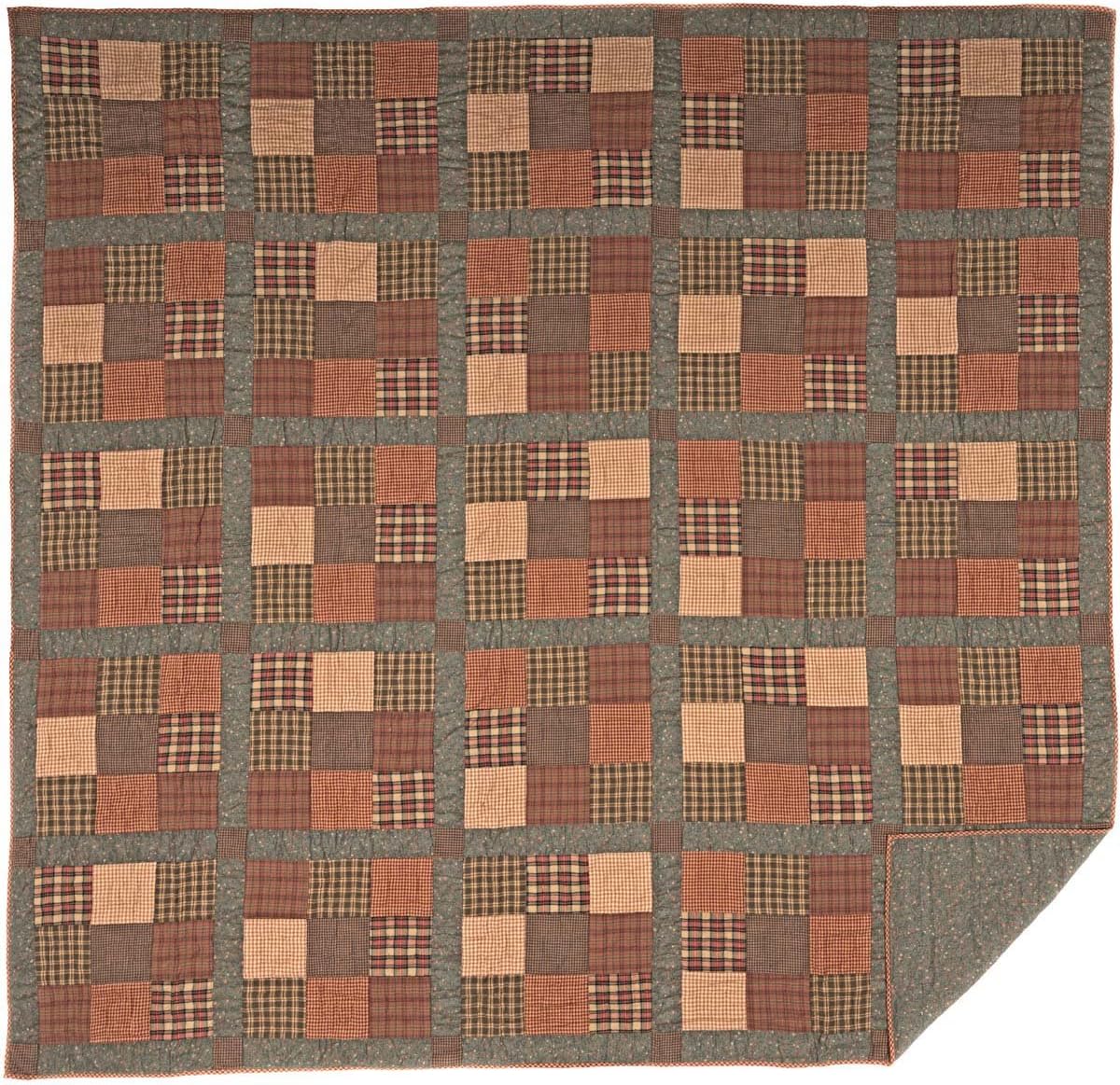 VHC Brands Crosswoods Patchwork Cotton Primitive Bedding Pre-Washed King Quilt, Dark Olive Green