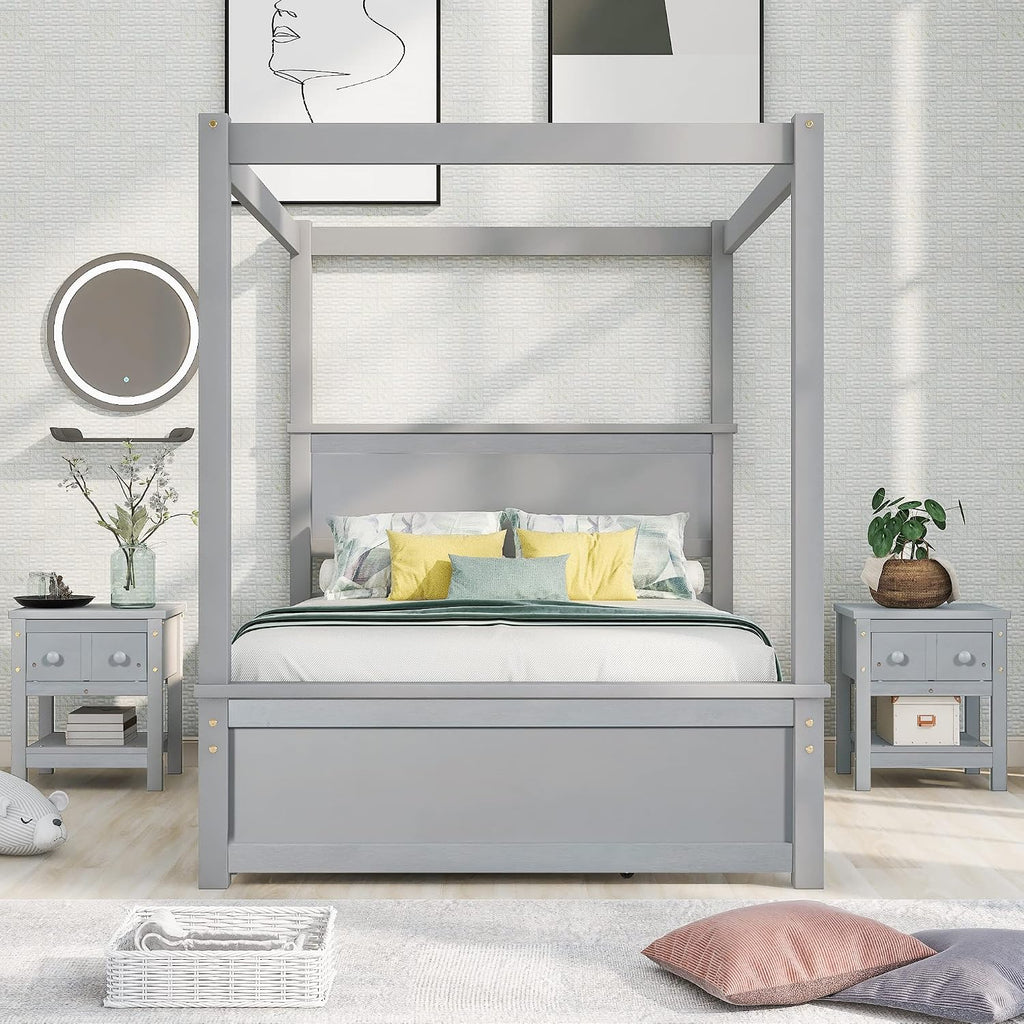 Full Size Wood Canopy Bed with Trundle Bed and Two Nightstand, Modern Bedroom Set for Kids Girls Boys Teens,Can Be Freely Decorated (Gray+Bedroom Set)