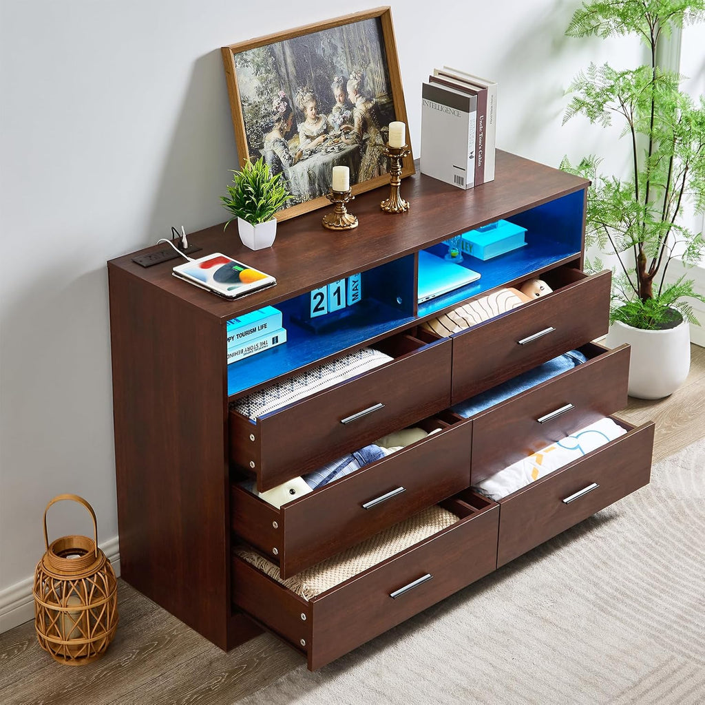 LIDYUK Dark Cherry Dresser for Bedroom, 6 Drawer Dressers & Chests of Drawers, Modern Wood Dresser with Charging Station and LED Lights, 48 Inch Wide Chest of Drawers for Bedroom, Hallway, Living Room