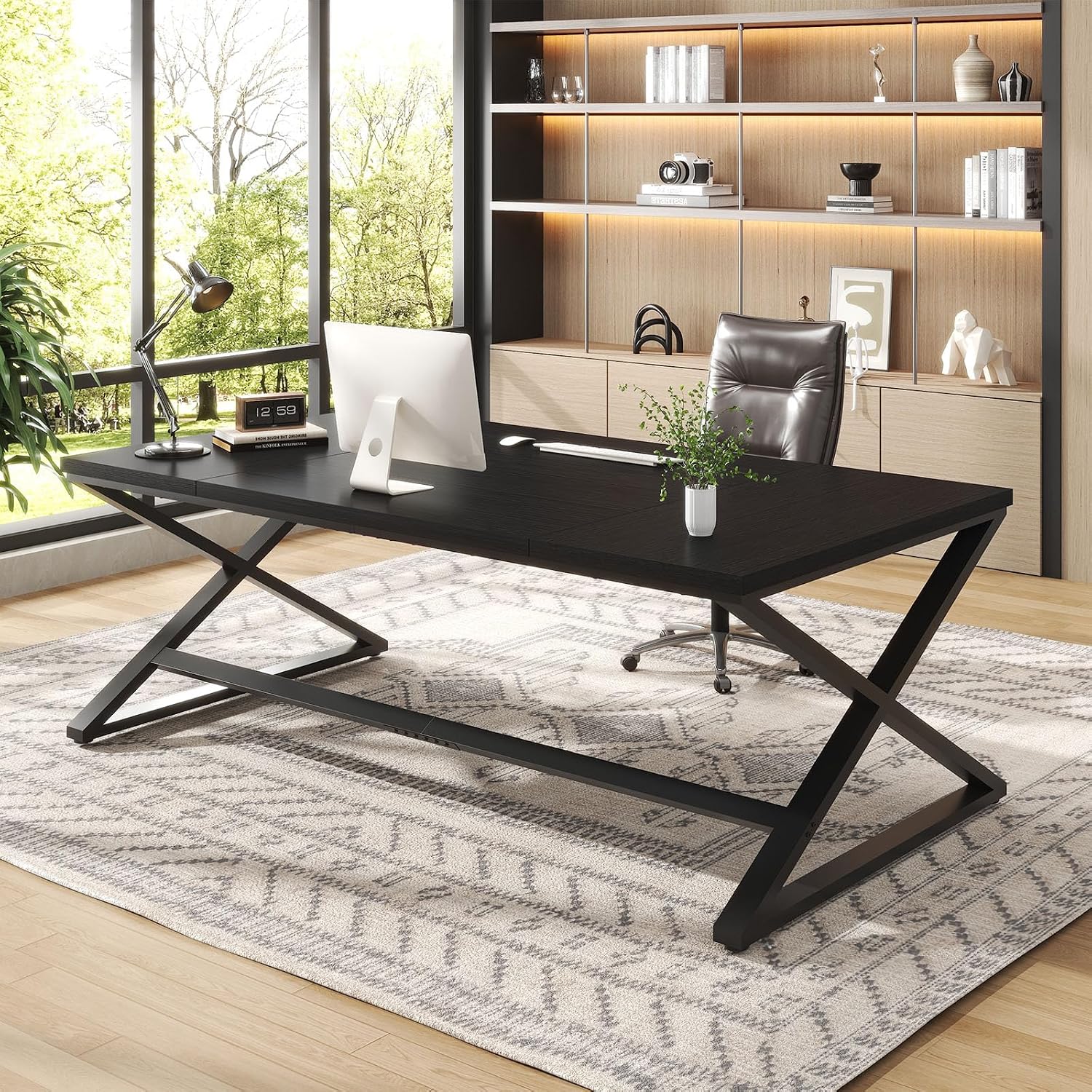 IBF Large Black Computer Desk, 70.8' Long Writing Desk for Home Office, Modern Simple Executive Work Study Desk for Two Person, Wood Double PC Gaming Workstation Computer Table for Bedroom, Black Oak