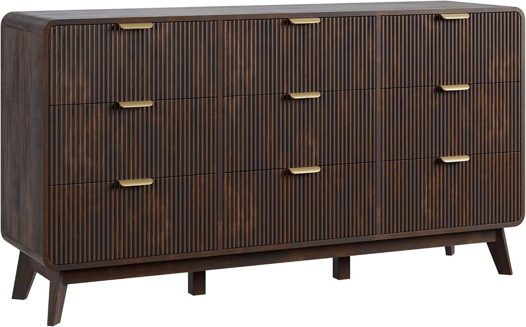 QUW Fluted 59.1' Wide Modern Dresser for Bedroom with 9 Drawers, Tall Chest of Drawers with Metal Handle, Wooden Dresser TV Stand, Hallway, Living Room, Dark Walnut