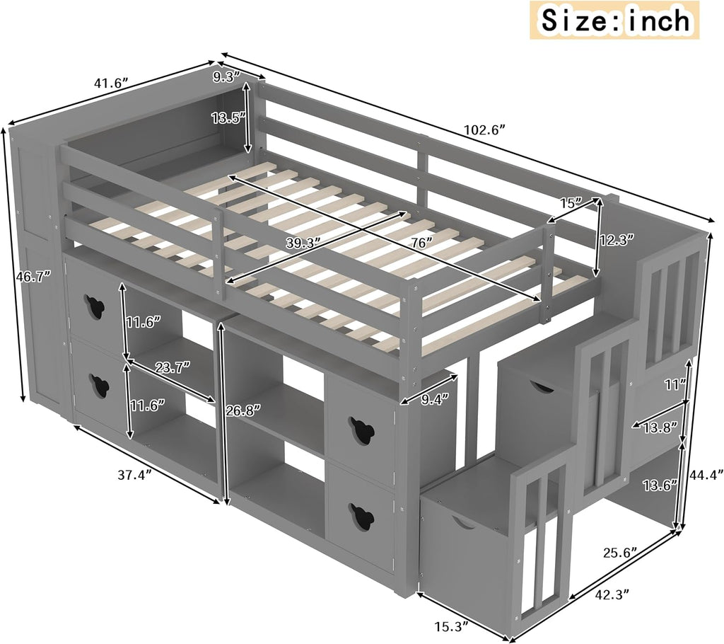 JIVOIT Twin Size Low Loft Bed with Open Shelves, Storage Cabinets, Storage Headboard and Stair, Full-Length Guardrails, No Box Spring Needed (Grey, 50)