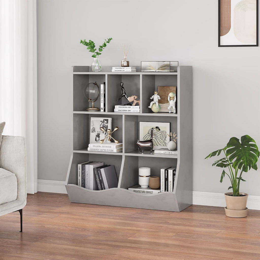 GarveeHome Grey Toy Storage Cabinet, Three-Tier Kids Bookshelf and Bookcase for Storage Books and Toys, Multi Shelf with Cubby Organizer for Bedroom and Playroom
