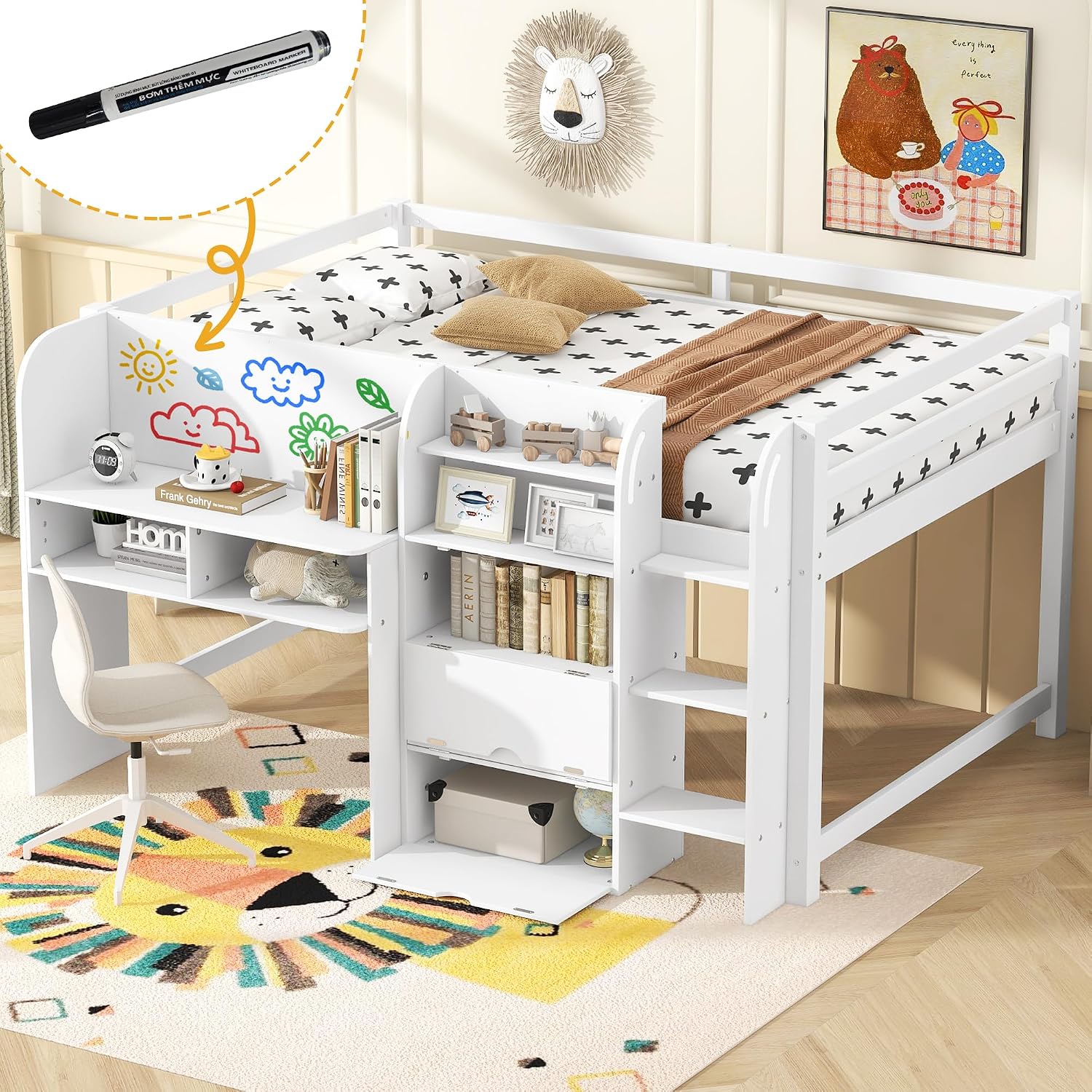 JIVOIT Full Size Loft Bed with Built-in Desk, Wooden Low Loft Bed with Storage Cabinets and Open Bookcase, Whiteboard for Graffiti, Safety Guardrail & Ladder, Easy Assembly (White//57)