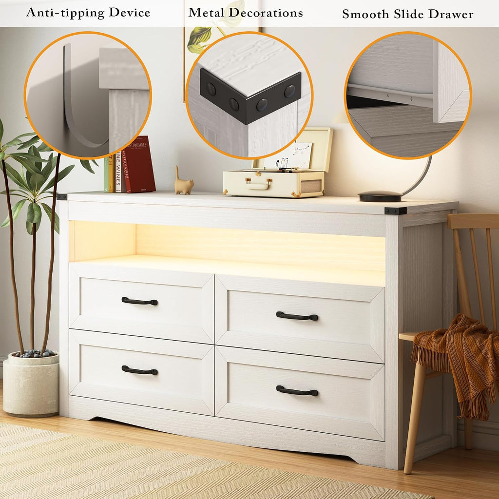 Wodeer White Dresser for Bedroom, Wood 4 Drawer Dresser with LED Light, Dressers & Chests of Drawers with Metal Handles, Storage and Organization for Bedroom, Hallway, Entryway