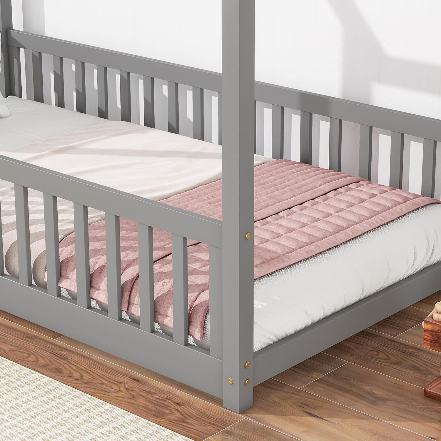 Twin Floor Bed with Slats, Twin Floor Bed for Children, Wooden Montessori Bed with Fence, House Bed for Boys Girls Bedroom - Grey