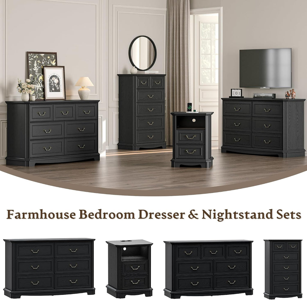 Farmhouse 6 Drawer Dresser for Bedroom, Tall Rustic Chest of Drawers with Metal Handle, Wood Vintage Storage Tower Cabinet, Wooden Closet Storage Dressers Organizer for Living Room, Hallway, Black