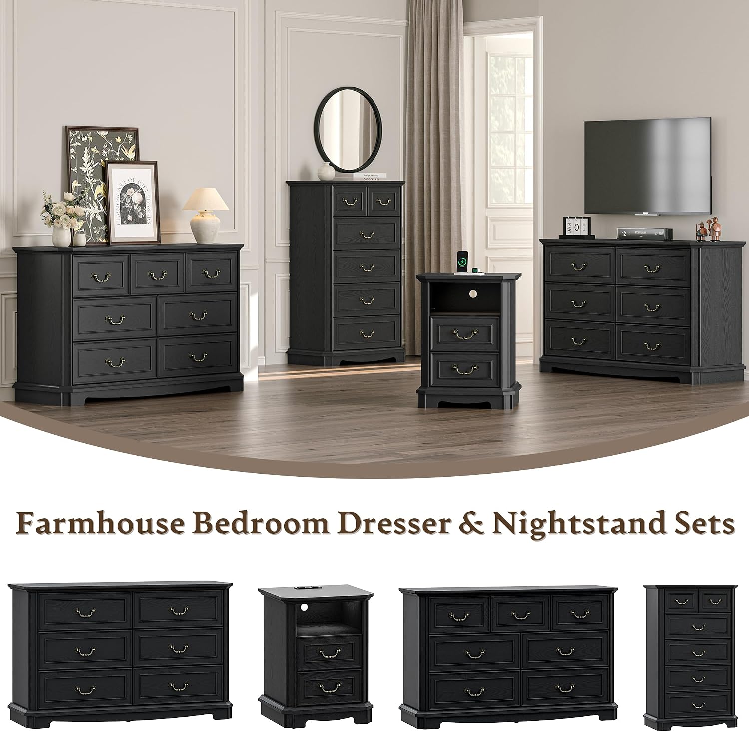 Farmhouse 6 Drawer Dresser for Bedroom, Tall Rustic Chest of Drawers with Metal Handle, Wood Vintage Storage Tower Cabinet, Wooden Closet Storage Dressers Organizer for Living Room, Hallway, Black