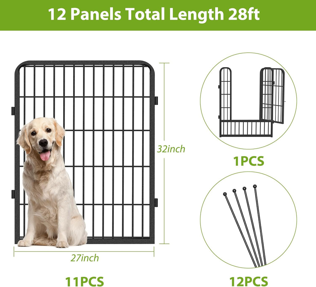 Decorative No Dig Fence Panels Metal Garden Fence with Gate, 28ft(L) x 32in(H) Garden Fencing for Dogs Rabbits, Temporary Fencing for Garden, Patio, Yard, 12 Panels