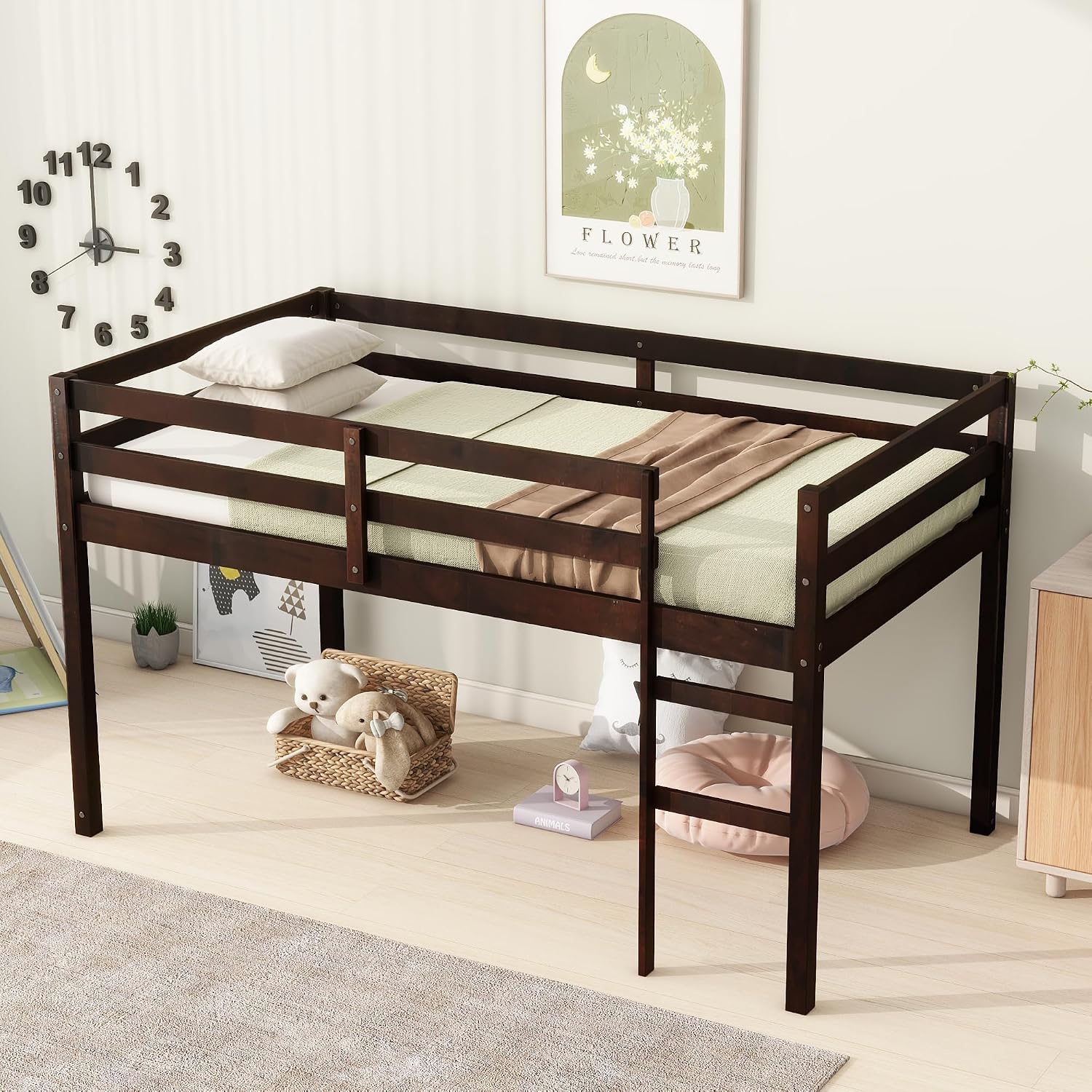 JIVOIT Wood Low Loft Bed Frame with Ladder, Solid Rubber Wooden Twin Loft Bed, Bed Platform of Strengthened Slats, Space Saving Design, No Box Spring Needed (Espresso,104)