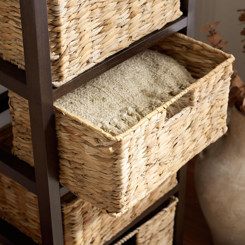 SAFAVIEH Furniture - Vedette 5-Basket Storage Tower - Dark Chocolate - Solid Wood - Coastal Basket Tower Design - Ideal for Entryway, Living Room, 17.5'W x 13.5'D x 46'H - Fully Assembled (AMH5739F)