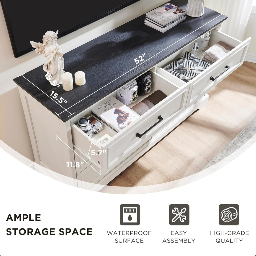 ACCOHOHO Farmhouse 6 Drawer Dresser for Bedroom, 52 Inch Wide Modern Dresser TV Stand with Large Drawers & Bar Handles, Rustic Wood Chest of Drawers for Bedroom, Living Room, Hallway, Off White
