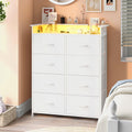 White Dresser for Bedroom with Power Outlets and LED Lights Narrow 8 Fabric Drawers Dressers Tall Storage Tower Unit for Entryway Closet Hallway Living Room Sturdy Steel Frame Wooden Top