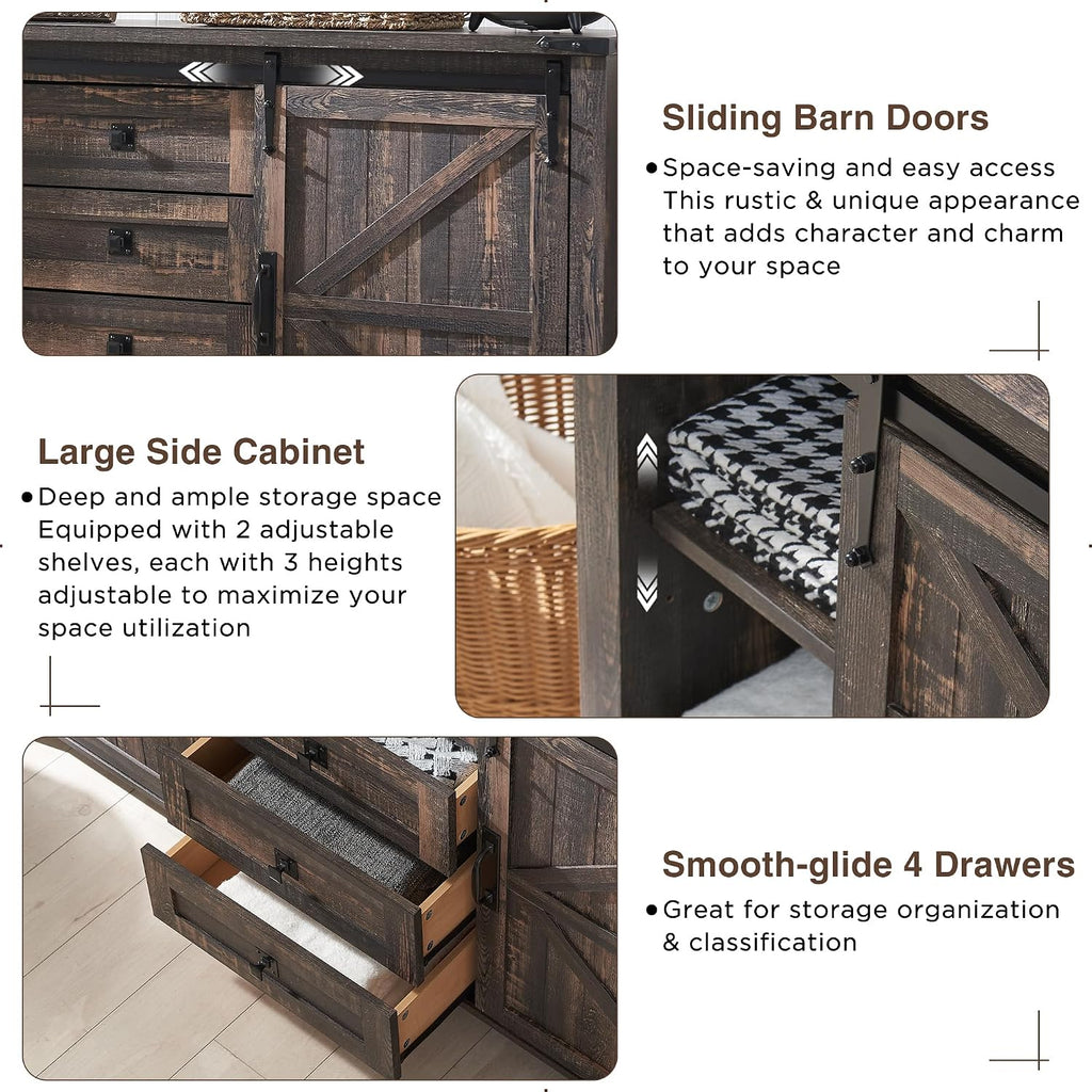 T4TREAM 60'' Farmhouse Dresser Chests for Bedroom w/4 Drawers & Sliding Barn Doors, Wide TV Stand, Tall Chest of Drawers, Rustic Dresser Organizer for Bedroom, Living Room, Dark Rustic Oak
