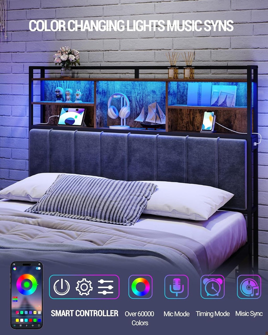 Hzuaneri Headboard with 3-Tier Storage Shelves, Velvet Upholstered Head Board with 2 Outlets, USB Ports & LED Light, Soft Backrest for Queen Size Bed, Rustic Brown and Black BH15201BV1