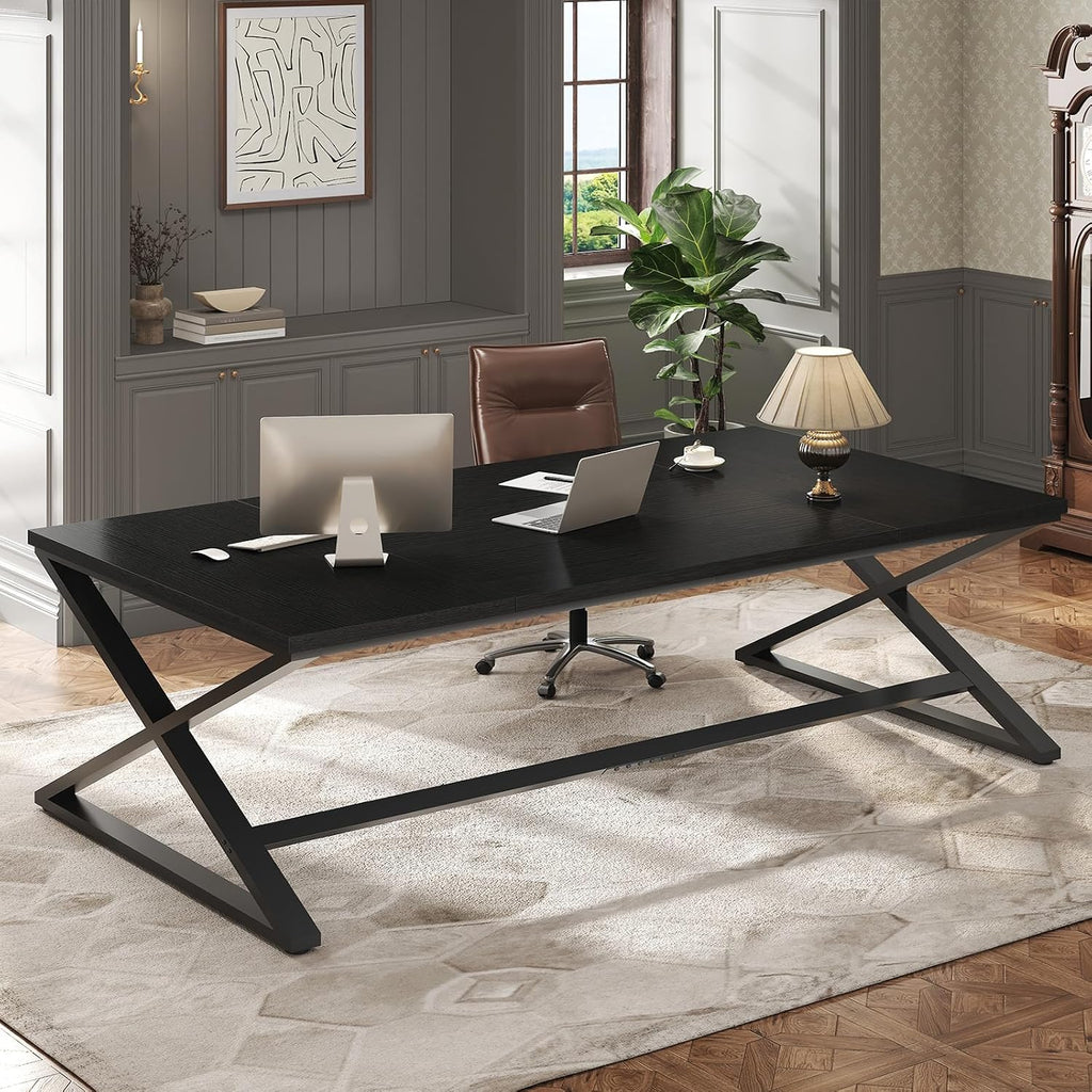 IBF Black Desk, Large Home Office Work Desk, 78.7' Long Computer Desks, Simple Wide Study Writing Desk, Wood Metal Double PC Executive Workstation Gaming Desk Computer Table for Bedroom, Black Oak