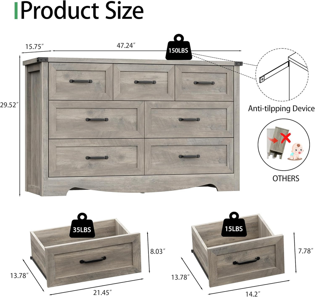 Dresser for Bedroom with 7 Drawers, 48' Wide Modern Chest of Drawers with Deep Drawers & Mental Handle, Wood Dresser TV Stand, Wooden Closet Storage Organizer for Living Room, Hallway, Entryway, Grey