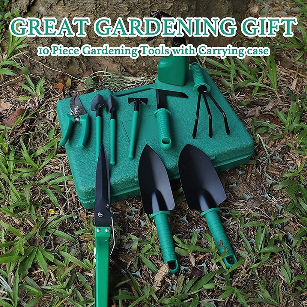 Garden Tools Set, 10 PCS Garden Planting Tools Kit, Outdoor Garden Planting Bonsai Tools with Green Carrying Case & Ergonomic Handle