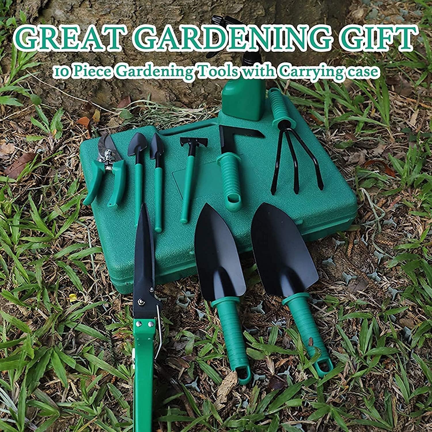 Garden Tools Set, 10 PCS Garden Planting Tools Kit, Outdoor Garden Planting Bonsai Tools with Green Carrying Case & Ergonomic Handle, for Weeding