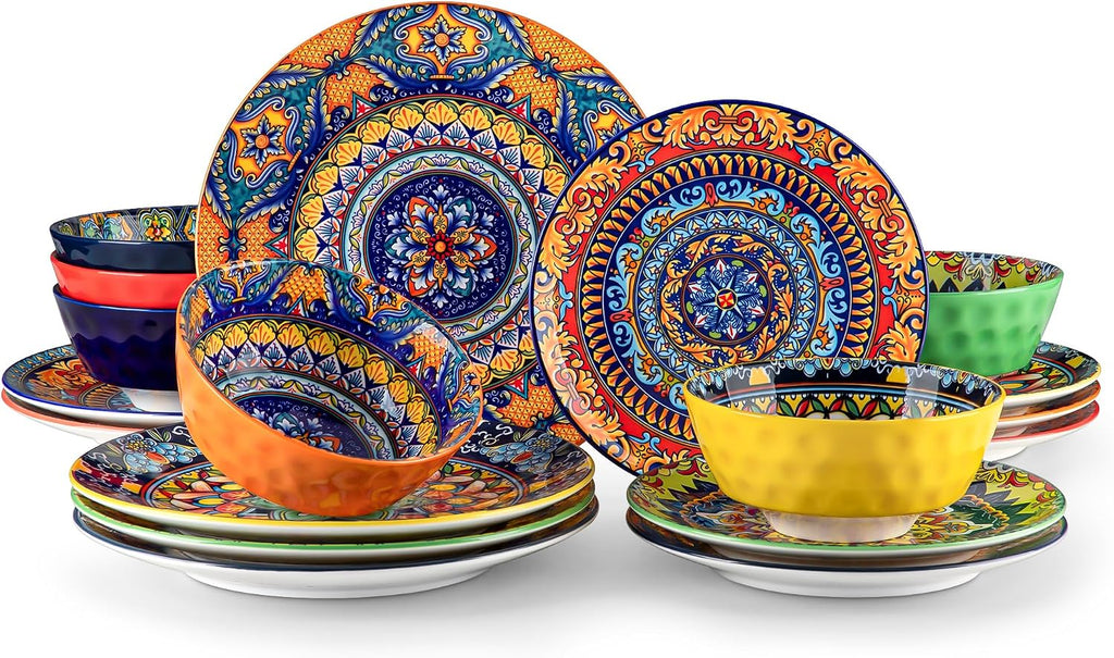 vancasso 18 Pieces Plates and Bowls Set, Bohemian Style Dinnerware Sets Service for 6, Porcelain Boho Dishes Set for Kitchen, Housewaring Gift, Dishwasher and Microwave Safe, Series KRVI
