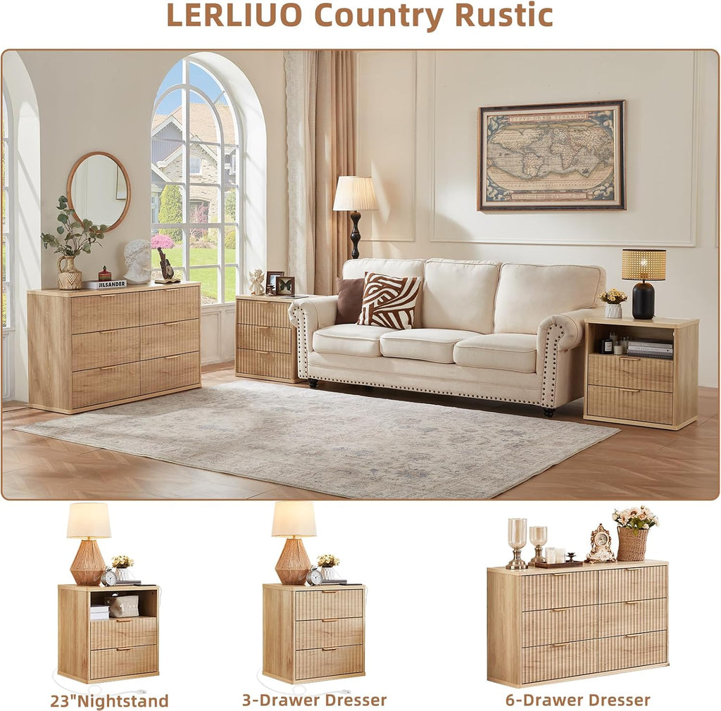 LEYAOYAO Fluted 6 Drawers Dresser Set of 2, 48' Wide Modern Chest of Drawers with Metal Handle, Natural Curved Profile Dresser TV Stand, Wooden Drawer Organizer for Bedroom, Living Room, Hallway