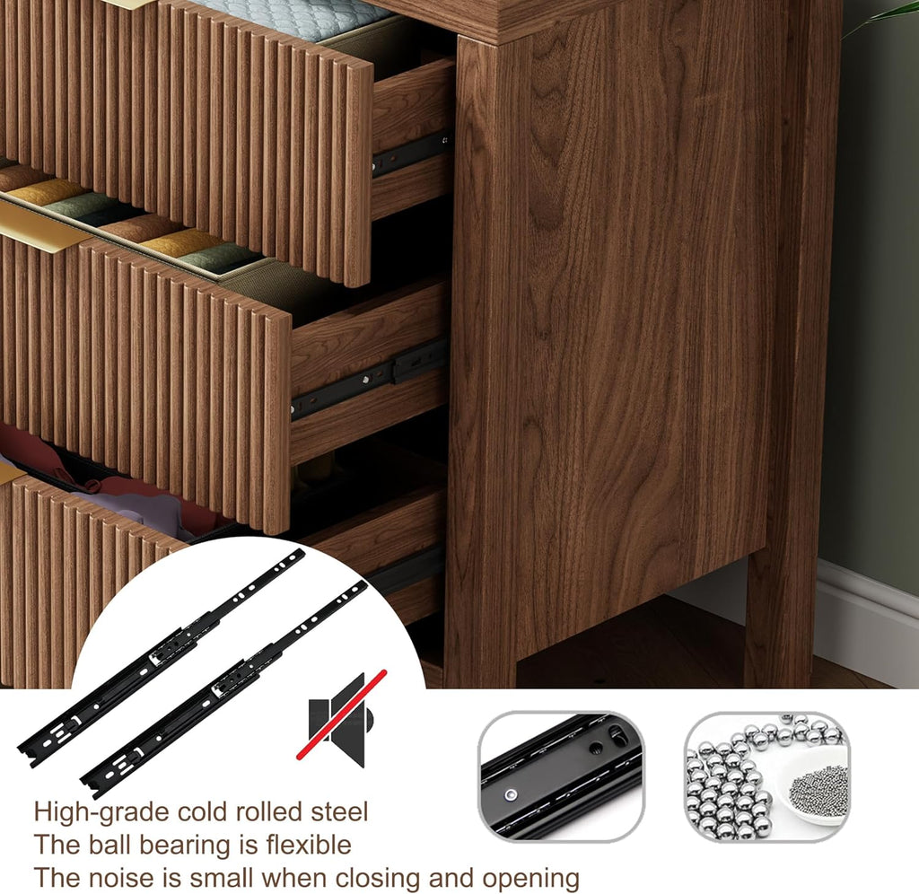 6 Drawer Dresser for Bedroom, Large Fluted with Wide Drawers and Golden Handles, Storage Organizer, Modern Wooden Dresser Chest for Bedroom Living Room, Walnut
