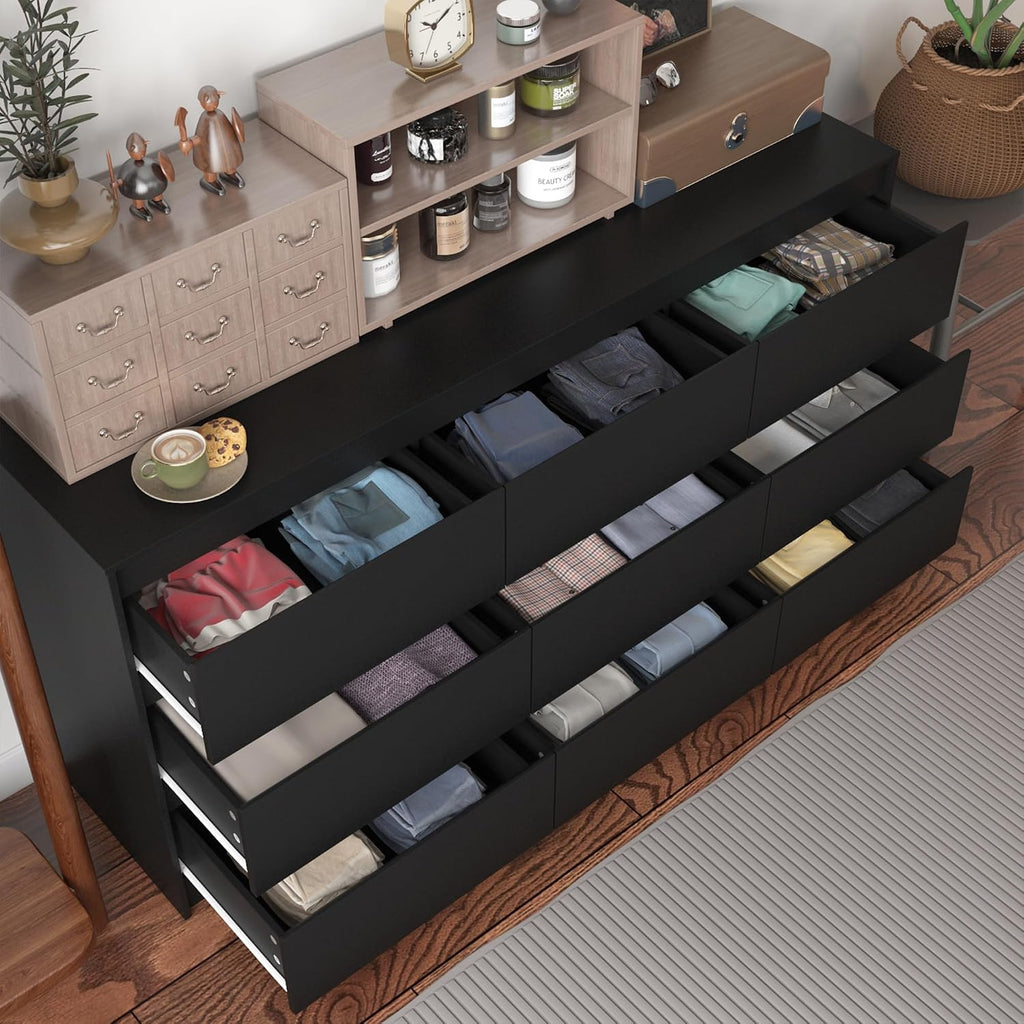9 Drawer Dresser for Bedroom with Deep Drawers, Large Floor Wood Dressers & Chest of Drawers Handle Free, Modern Black Long Dressers for Closet Living Room, Euro Slide (63'W x 15.7'D x 31.5'H)