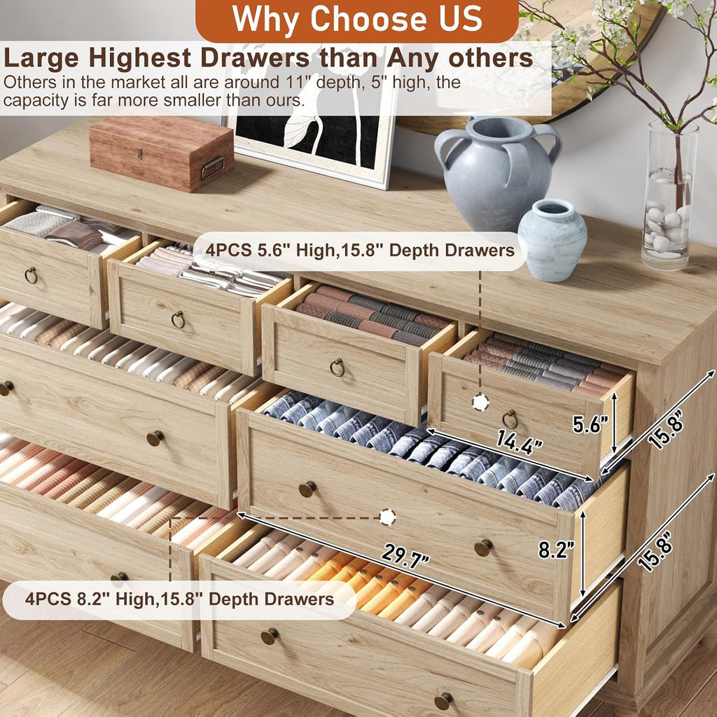 chartustriable 65inch Large Long Drawer Dresser w/Deep Drawers,Rustic Wood 8 Drawer Dresser with Large Capacity for Living Room,Wooden Chest of Drawers for Bedroom,Living Room,Entryway,Oak
