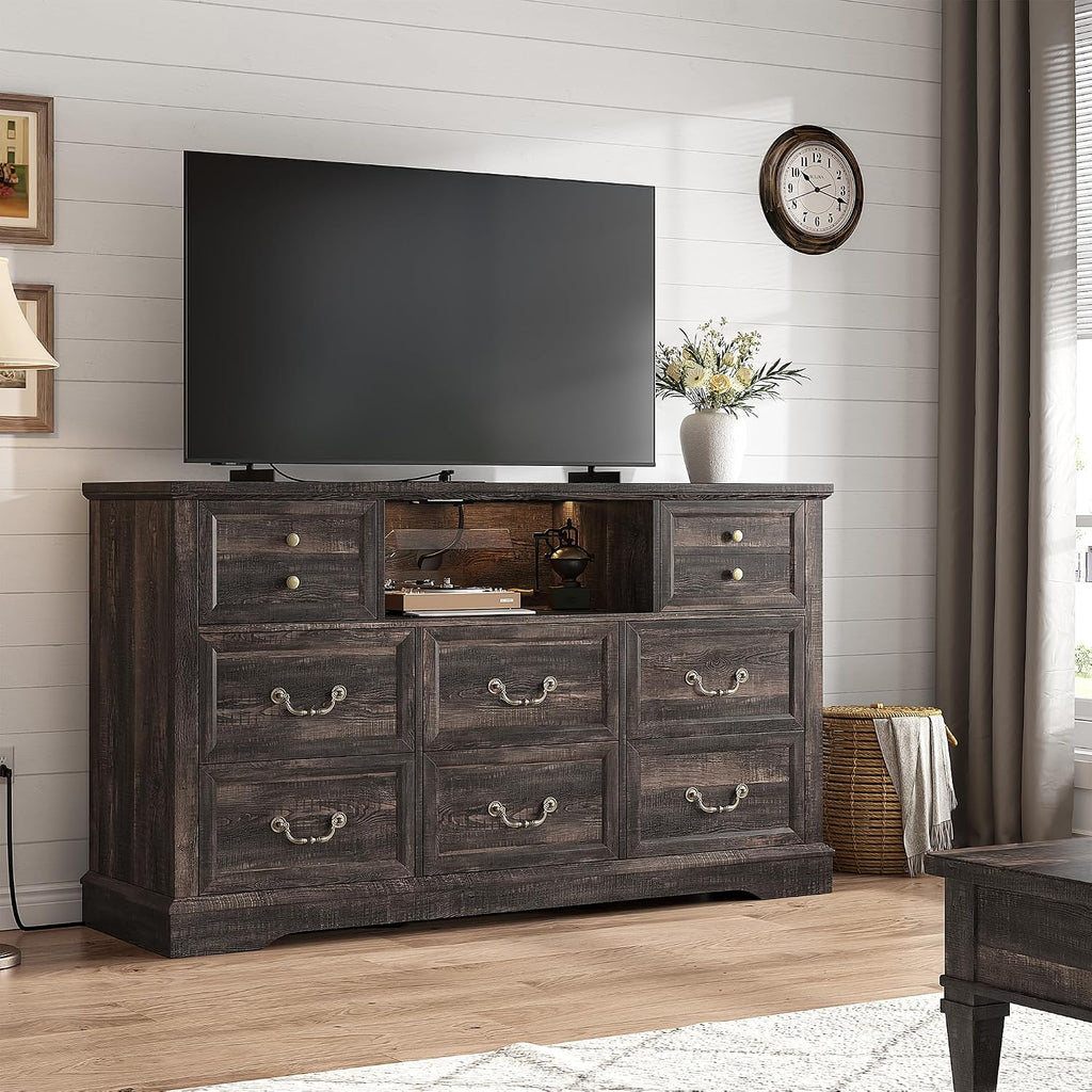 EnHomee 8 Drawers Dresser with Power Outlets and LED Lights,55' W Rustic Wooden Dressers & Chests of Drawers for Bedroom, Hallway, Rustic Oak, 55' W x 34.5' H x 15.7' D