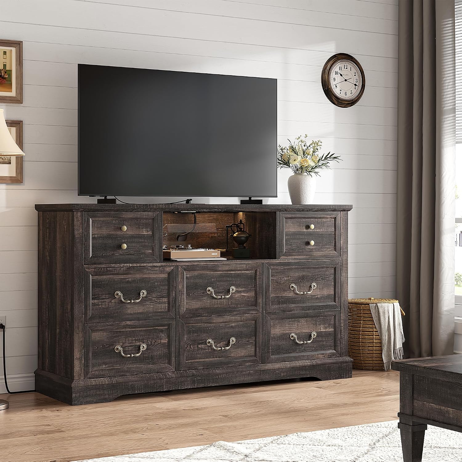 EnHomee 8 Drawers Dresser with Power Outlets and LED Lights,55' W Rustic Wooden Dressers & Chests of Drawers for Bedroom, Hallway, Rustic Oak, 55' W x 34.5' H x 15.7' D