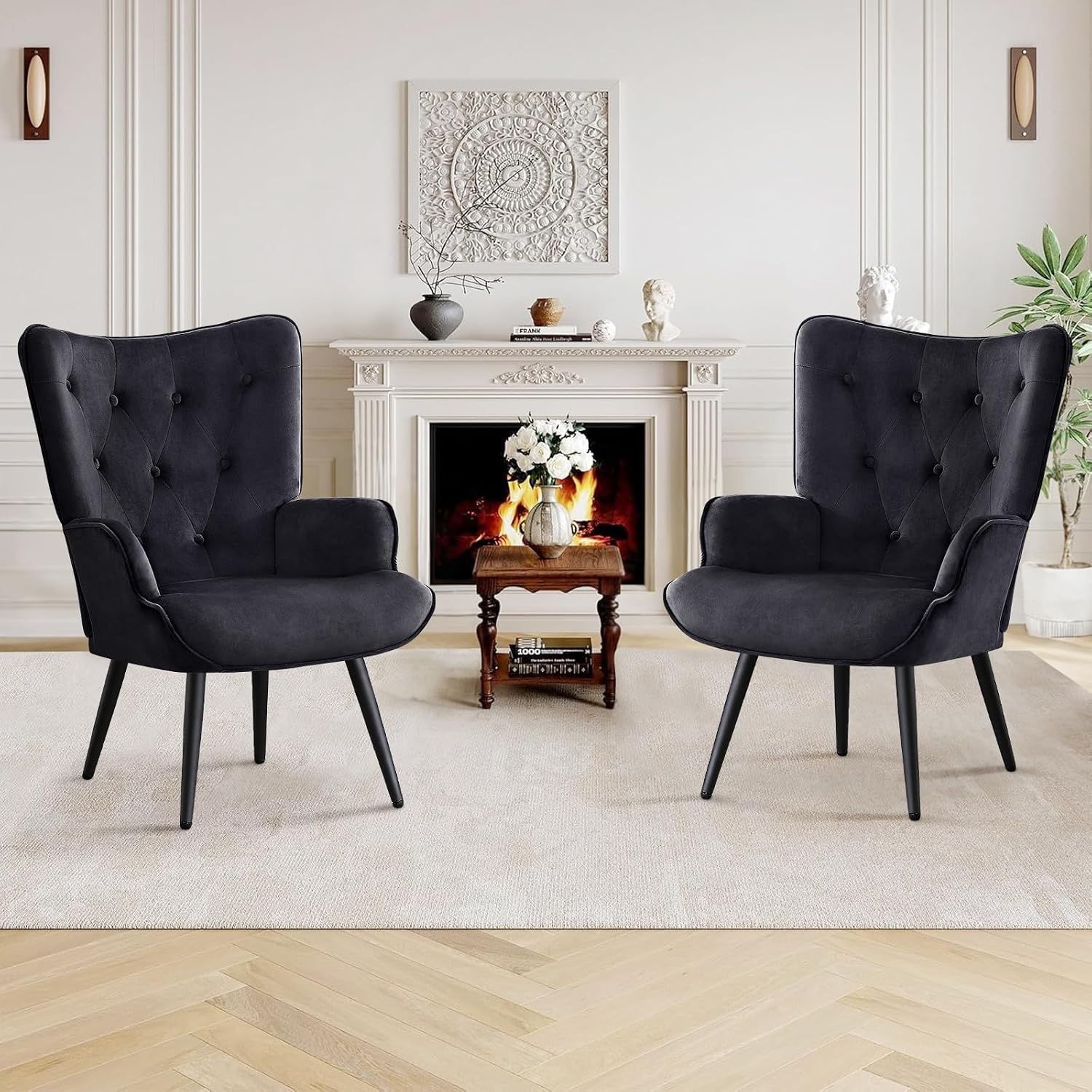Furniliving Velvet Accent Chair for Living Room, Upholstered Reading Chair with High Backrest, Tufted-Button Wingback Armchair for Bedroom, Dressing Room, Home Office, Black, Set of 2