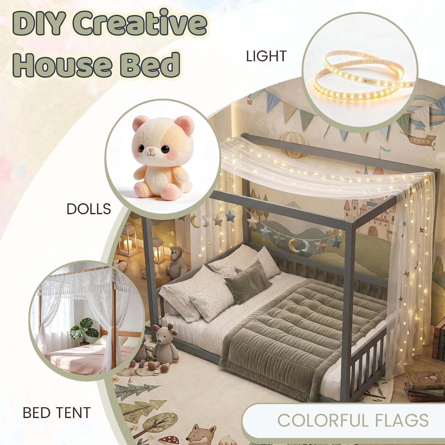 Canopy Bed Frame Full with 4 Posters and Guardrails, Rubber Wood Full Size Montessori Floor Bed with Canopy Frame, Safe and Stylish Canopy Bed Full for Kids Girls Boys,Gery