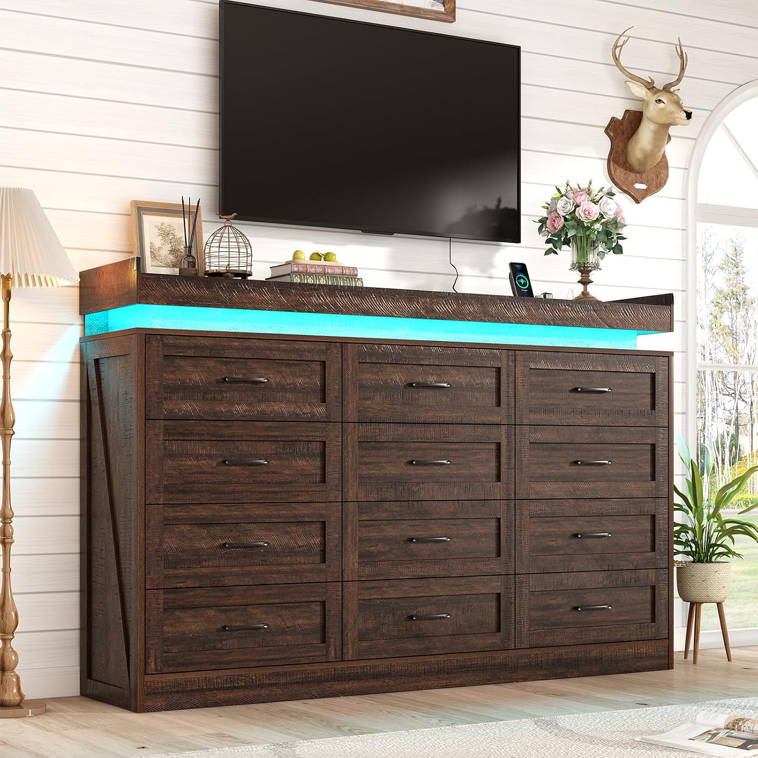 71' Wide 46' Tall Large Farmhouse 12 Drawers Dresser for Bedroom with LED Light and Power Outlets,Wood Rustic 12 Chests of Drawers for Closet,Tall Storage Dresser Organizer for Bedroom(Brown)