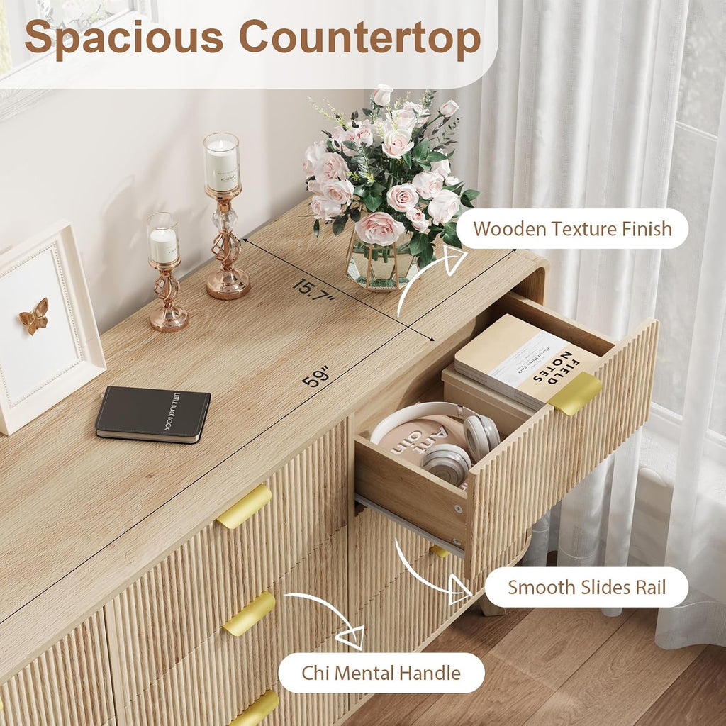 QUW Fluted 59.1' Wide Modern Dresser for Bedroom with 9 Drawers, Tall Chest of Drawers with Metal Handle, Wooden Dresser TV Stand, Hallway, Living Room, Natural Oak