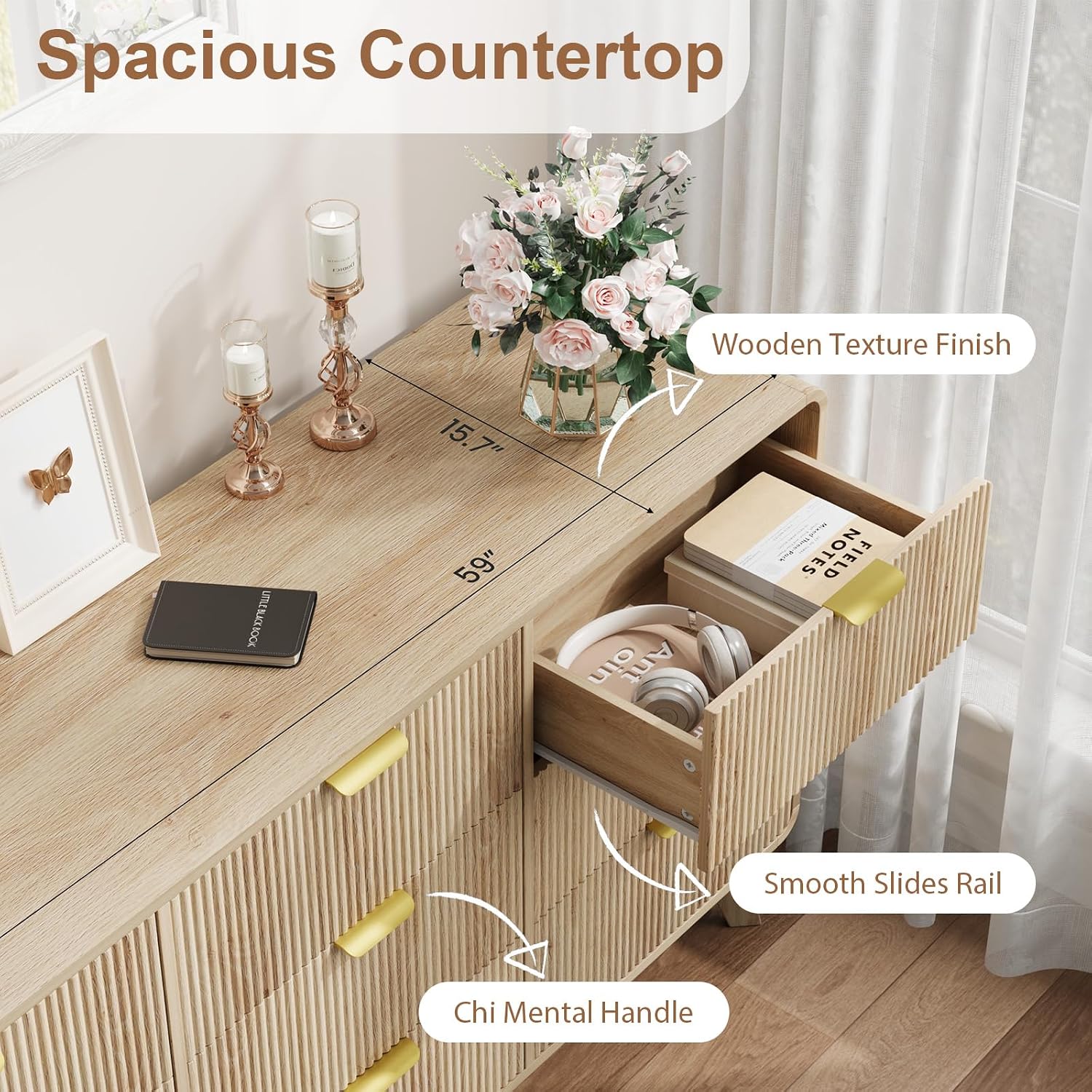 QUW Fluted 59.1' Wide Modern Dresser for Bedroom with 9 Drawers, Tall Chest of Drawers with Metal Handle, Wooden Dresser TV Stand, Hallway, Living Room, Natural Oak